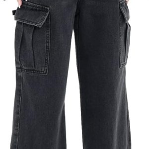 Women's High Waisted Cargo Jeans Straight Wide Leg Stretch Baggy Jean  Casual Loose Denim Cargo Pants Trousers