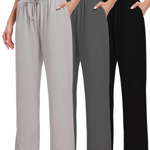 3 Pack Women's Lounge Pants Wide Leg Yoga Sweatpants with Pockets High Waisted Drawstring Lounge Loose Workout Jogger